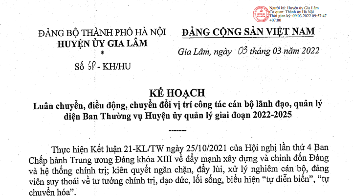 Công văn 68/KH-HU về việc: Luân chuyển, điều động, vị trí công tác cán bộ lãnh đạo, quản lý diện Ban thường vụ Huyện ủy Gia Lâm quản lý giai đoạn 2022 - 2025